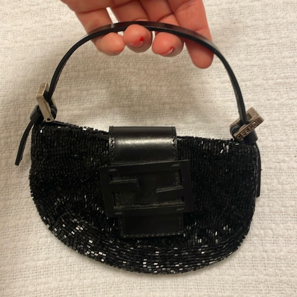 FENDI Black Croissant Beaded Embellished Micro Mini Baguette Pochette